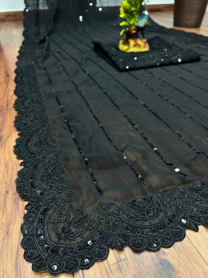 Black georgette sequence embroidered partywear bollywood saree