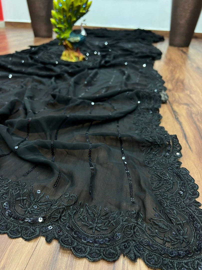 Black georgette sequence embroidered partywear bollywood saree