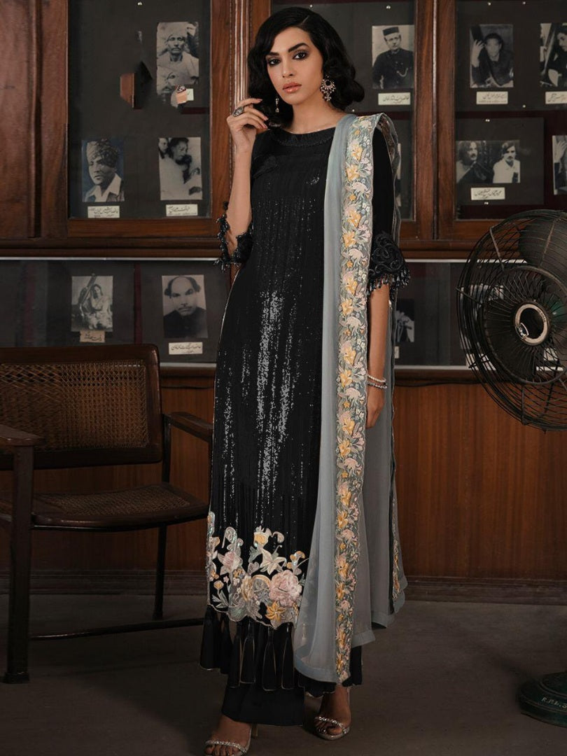 Black georgette sequence embroidered partywear salwar suit