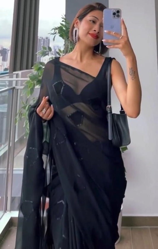 Black georgette sequence embroidered partywear saree