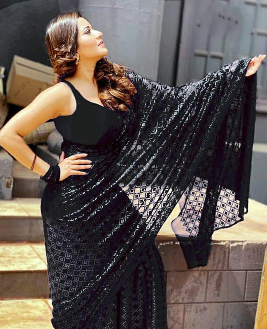 Black georgette sequence embroidery partywear saree