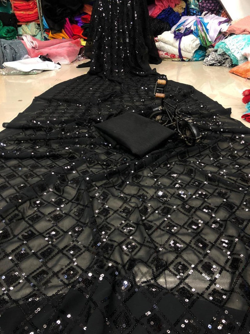 Black georgette sequence embroidery partywear saree