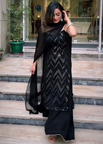 Black georgette sequence embroidery work party wear palaazo suit