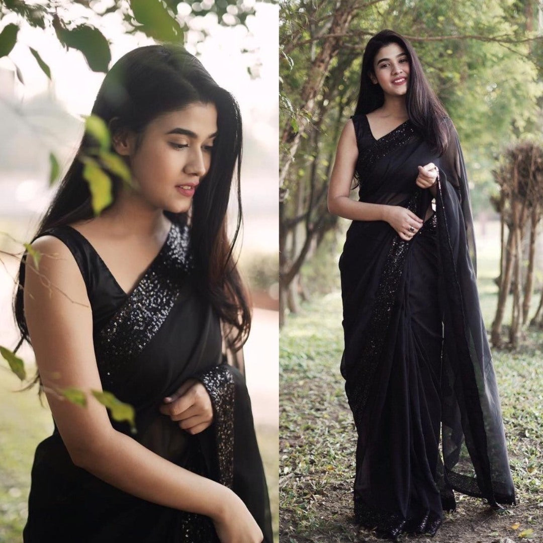 Black georgette sequence work border saree