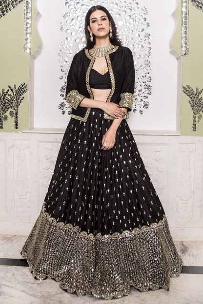 Black georgette sequence work lehenga choli with jacket