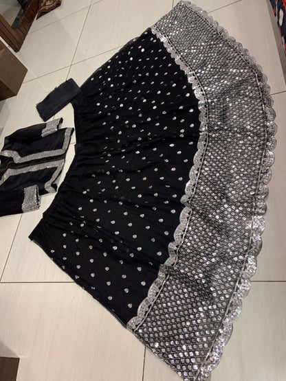 Black georgette sequence work lehenga choli with jacket