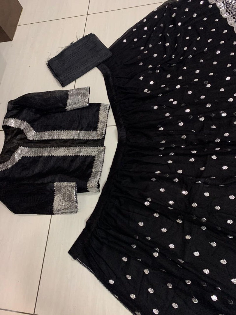 Black georgette sequence work lehenga choli with jacket