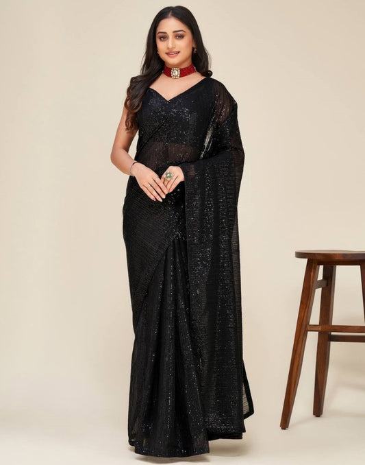 Black georgette sequence work party wear saree