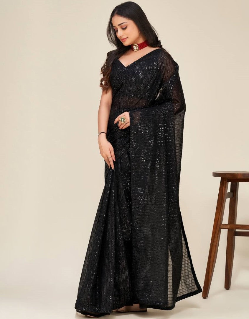 Black georgette sequence work party wear saree