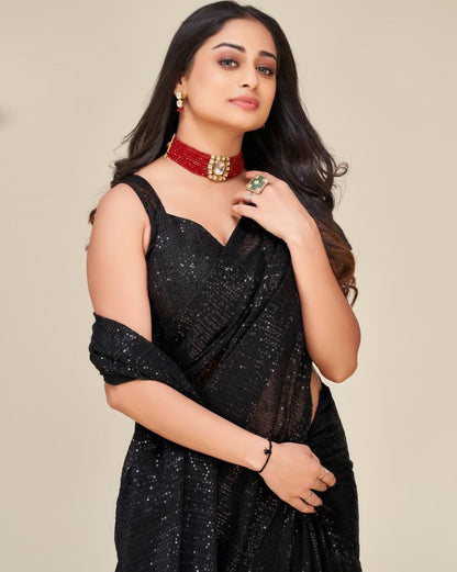 Black georgette sequence work party wear saree
