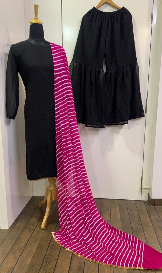 Black georgette sharara salwar suit with leheriya dupatta