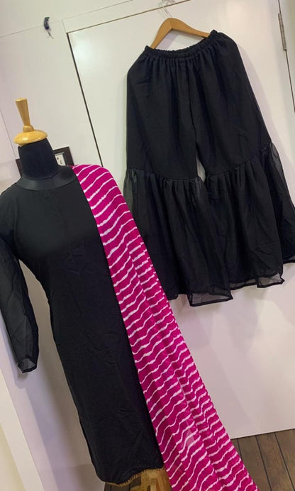 Black georgette sharara salwar suit with leheriya dupatta