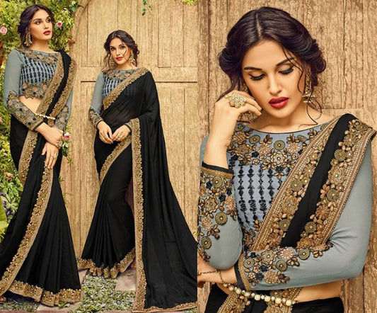 Black georgette silk partywear saree with fancy emboridered blouse