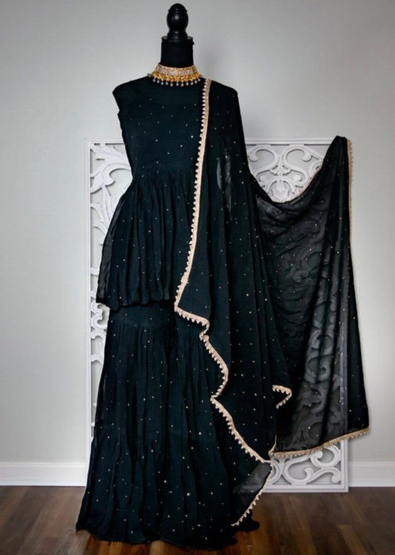 Black georgette stone work partywear sharara suit