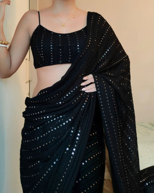 Black georgette thread and sequence work party wear saree