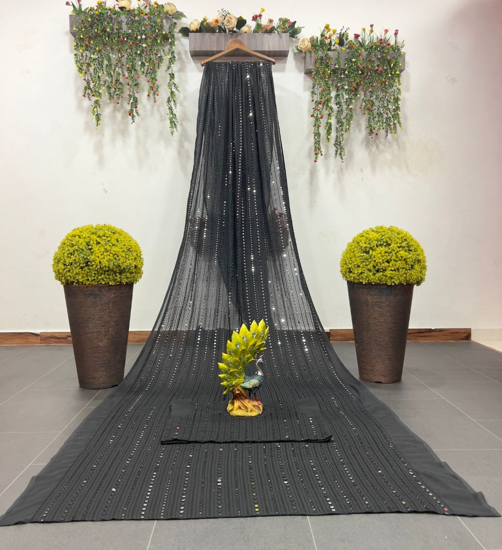 Black georgette thread and sequence work party wear saree