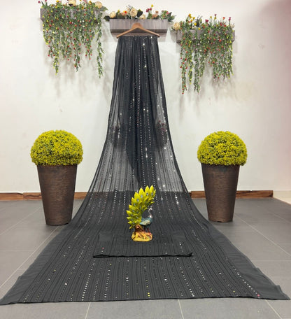 Black georgette thread and sequence work party wear saree