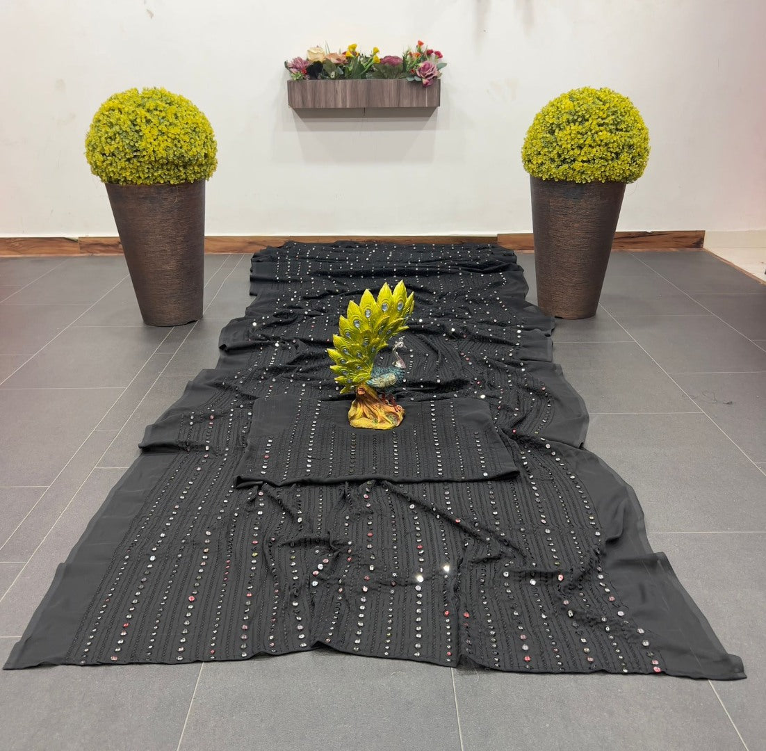 Black georgette thread and sequence work party wear saree