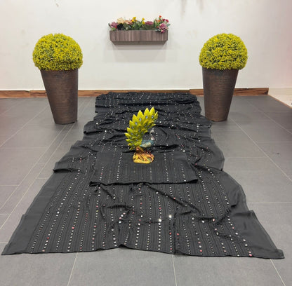 Black georgette thread and sequence work party wear saree