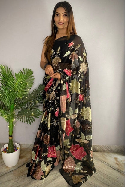 Black georgette thread and sequence work saree
