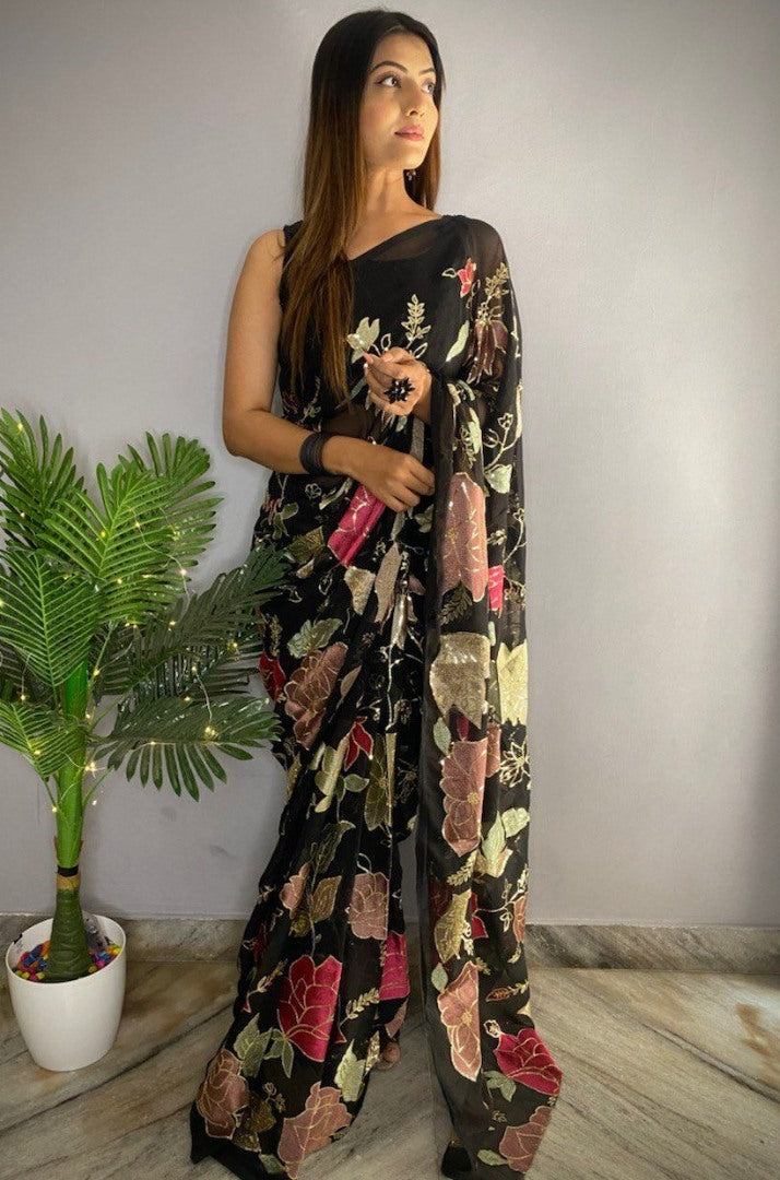 Black georgette thread and sequence work saree