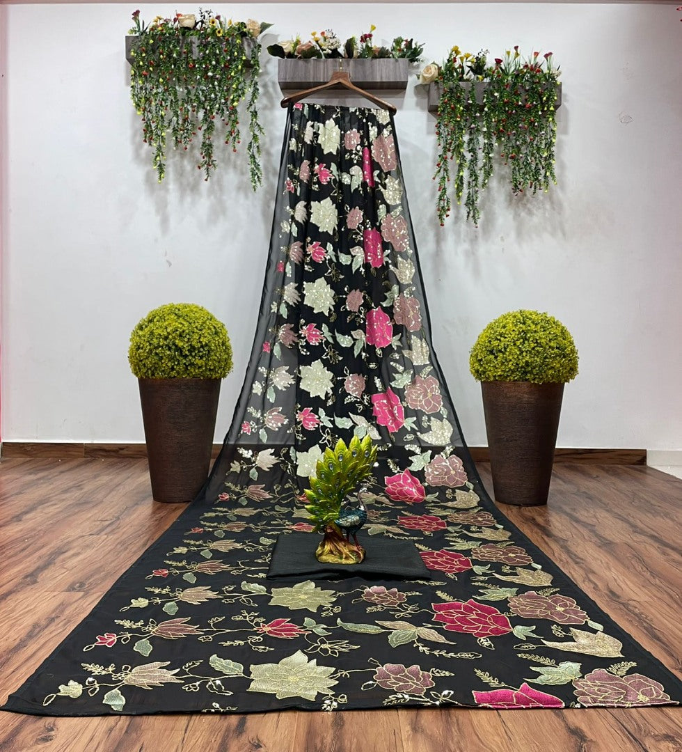 Black georgette thread and sequence work saree