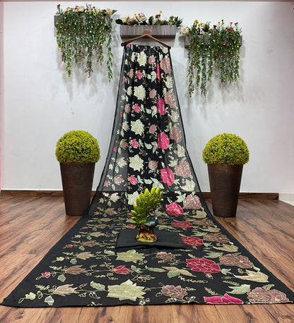 Black georgette thread and sequence work saree
