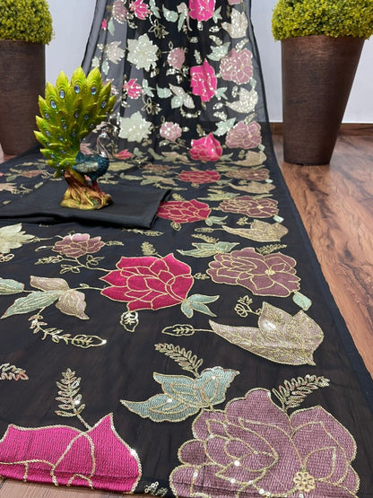 Black georgette thread and sequence work saree