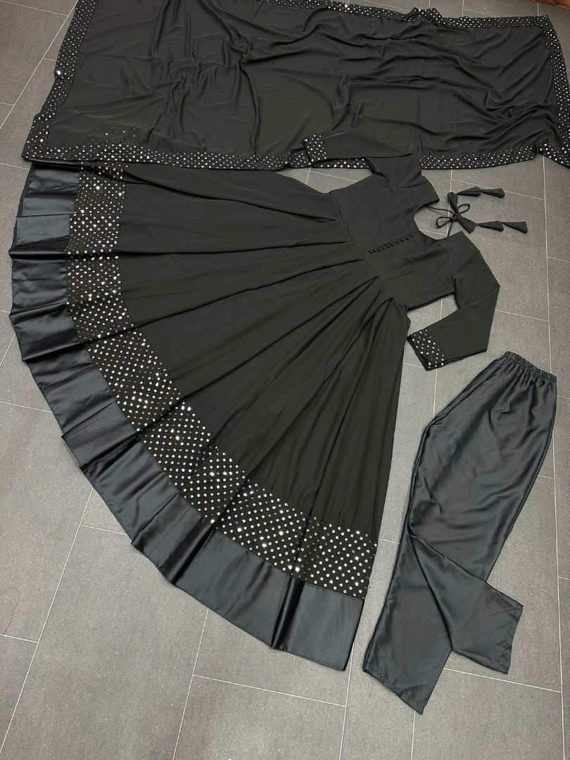 Black georgette thread embroidered party wear anarkali suit