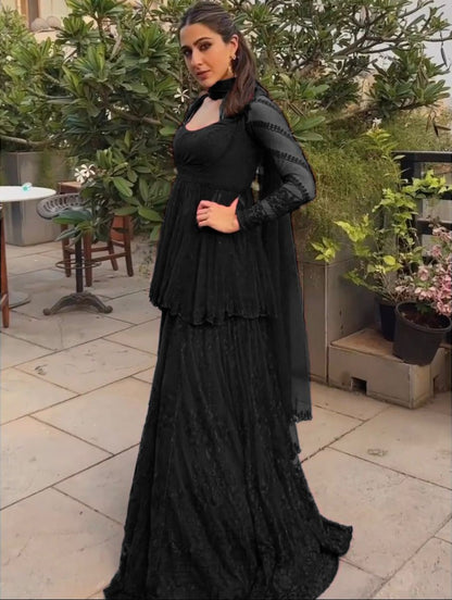 Black georgette thread embroidery work sara ali designer palazzo suit
