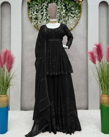 Black georgette thread embroidery work sara ali designer palazzo suit