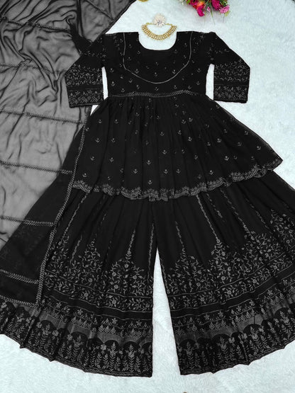 Black georgette thread embroidery work sara ali designer palazzo suit
