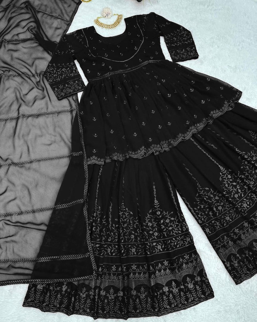 Black georgette thread embroidery work sara ali designer palazzo suit