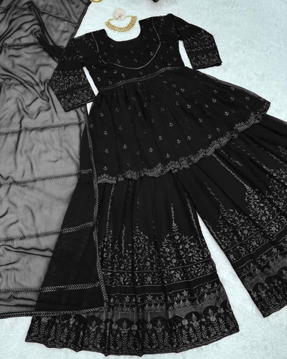 Black georgette thread embroidery work sara ali designer palazzo suit