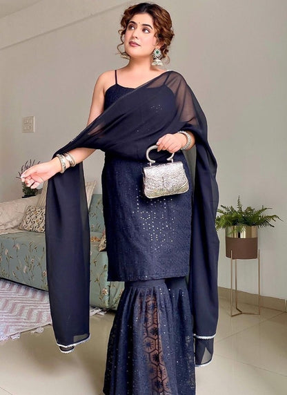 Black georgette thread sequence embroidery work party wear sharara suit