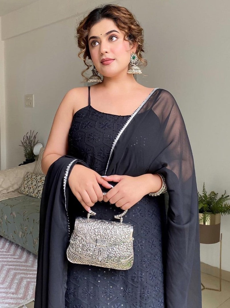 Black georgette thread sequence embroidery work party wear sharara suit
