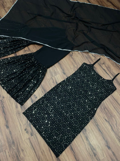 Black georgette thread sequence embroidery work party wear sharara suit