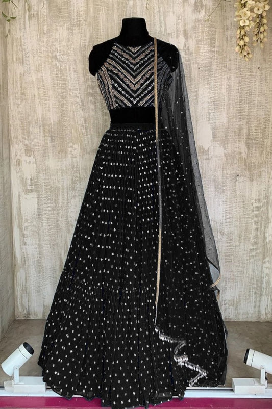Black georgette thread sequence embroidery work partywear lehenga choli