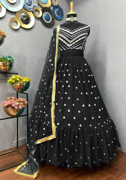 Black georgette thread sequence embroidery work partywear lehenga choli