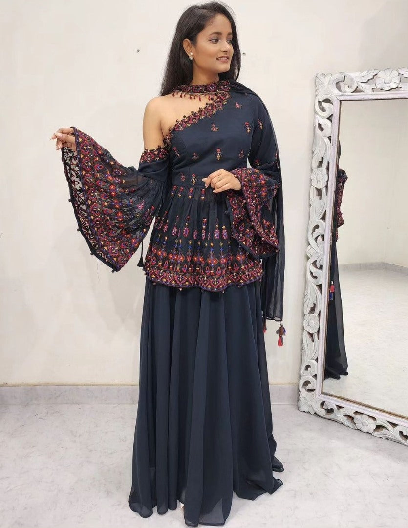 Black georgette thread sequence work designer palazzo suit