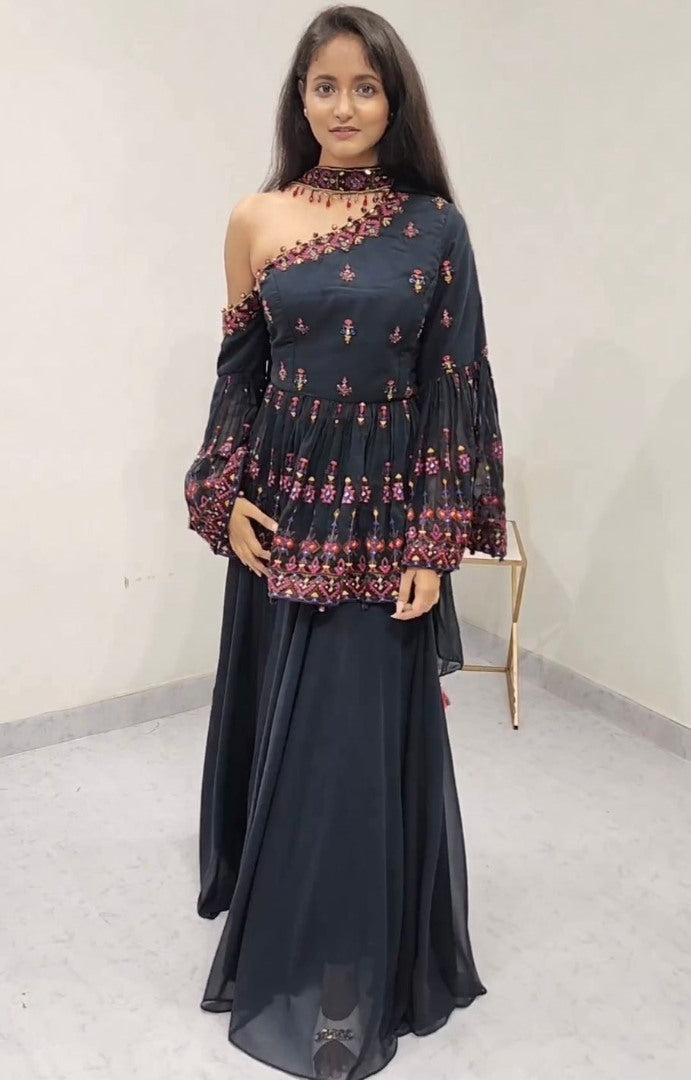 Black georgette thread sequence work designer palazzo suit