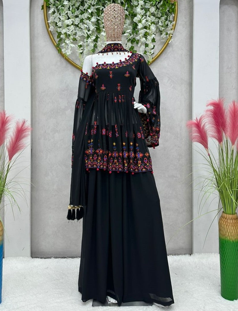 Black georgette thread sequence work designer palazzo suit