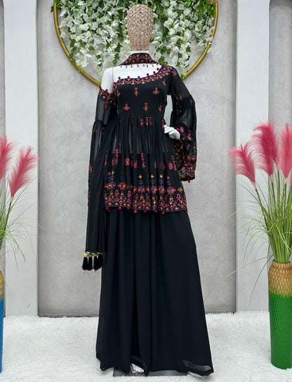Black georgette thread sequence work designer palazzo suit