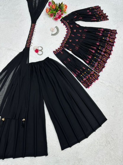 Black georgette thread sequence work designer palazzo suit