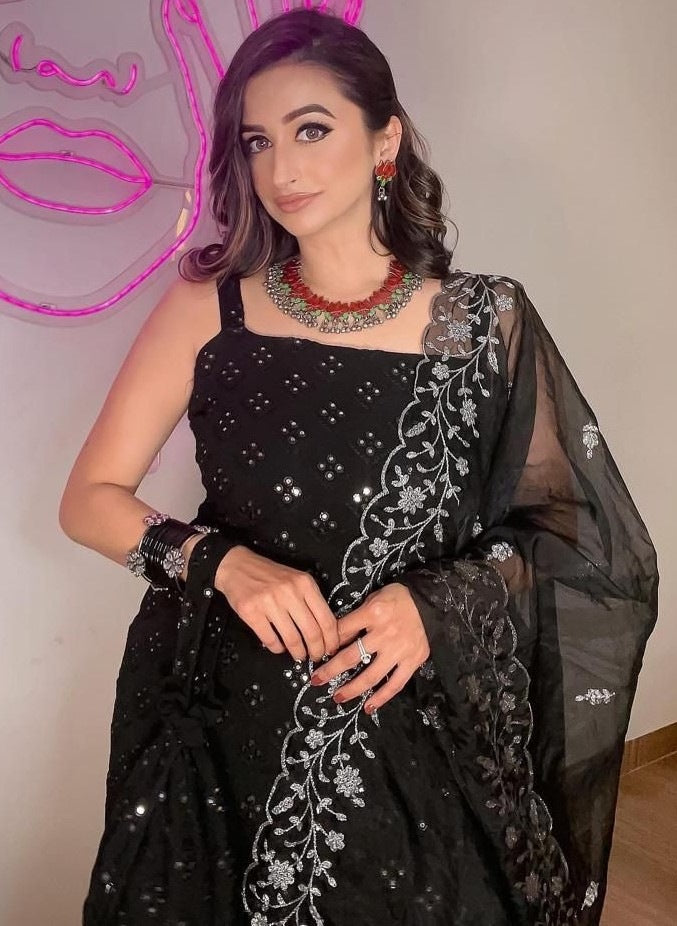 Black georgette thread sequence work designer party wear sharara suit