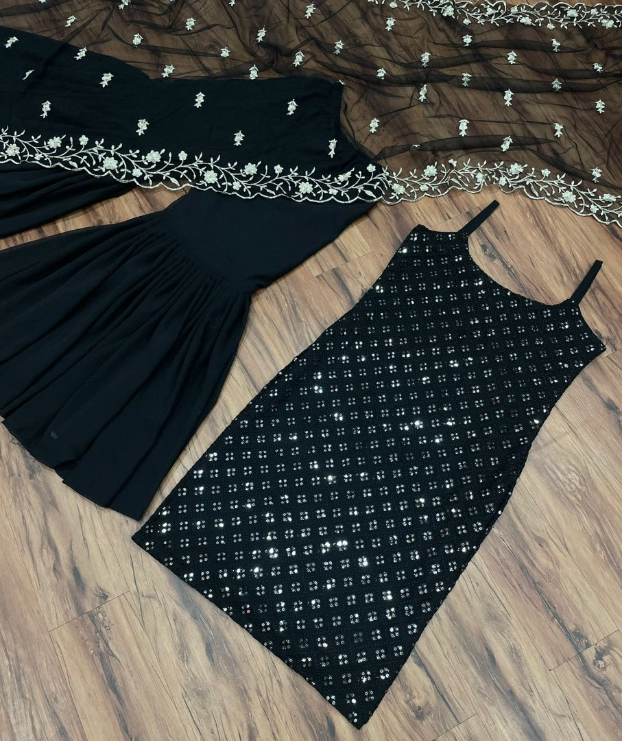 Black georgette thread sequence work designer party wear sharara suit