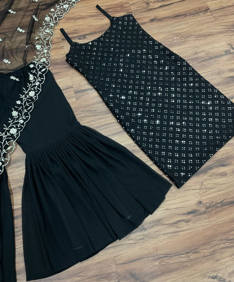 Black georgette thread sequence work designer party wear sharara suit