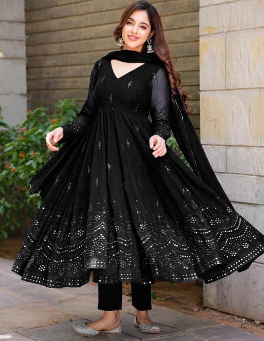 Black georgette thread sequence work party wear anarkali suit