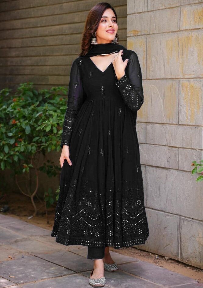 Black georgette thread sequence work party wear anarkali suit