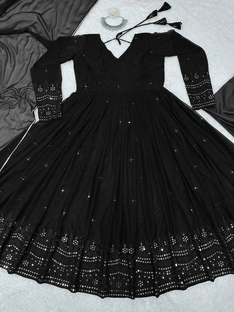 Black georgette thread sequence work party wear anarkali suit